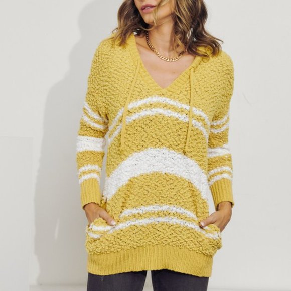 Striped Popcorn Knit Long Sleeve Hooded Sweater - Picture 5 of 5
